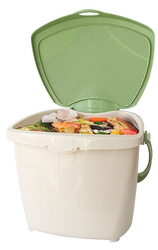Plastic container with lid open showing food scraps inside