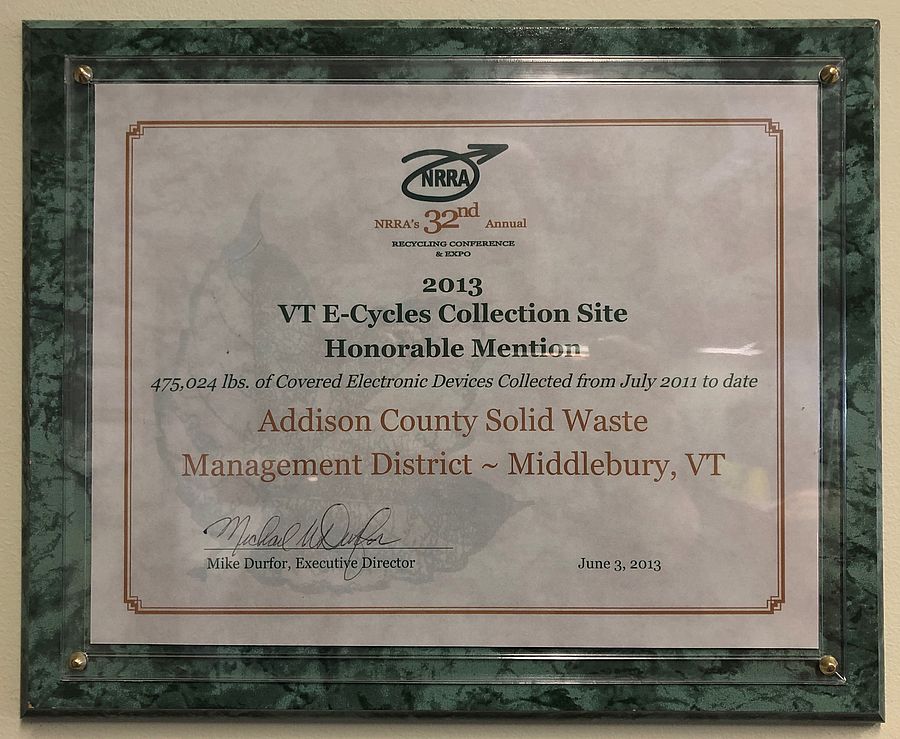 2013 NRRA Honorable Mention Site for E Waste Collection in Vermont Plaque featuring ACSWMD as 2013 NRRA Honorable Mention Site for E Waste Collection in Vermont