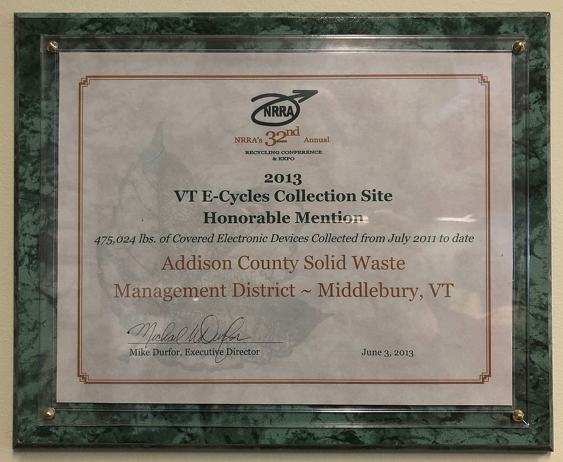 Plaque featuring ACSWMD as 2013 NRRA Honorable Mention Site for E Waste Collection in Vermont