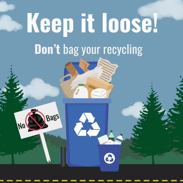 Keep it Loose! Don’t bag your recycling. Underneath is a recycling bin with loose items inside, along with a tinier desk-size recycling bin with loose recycling inside. There is a sign next to these that says no bags with an x through it. Behind the bins is the natural environment; pine trees, clouds, and a blue sky.
