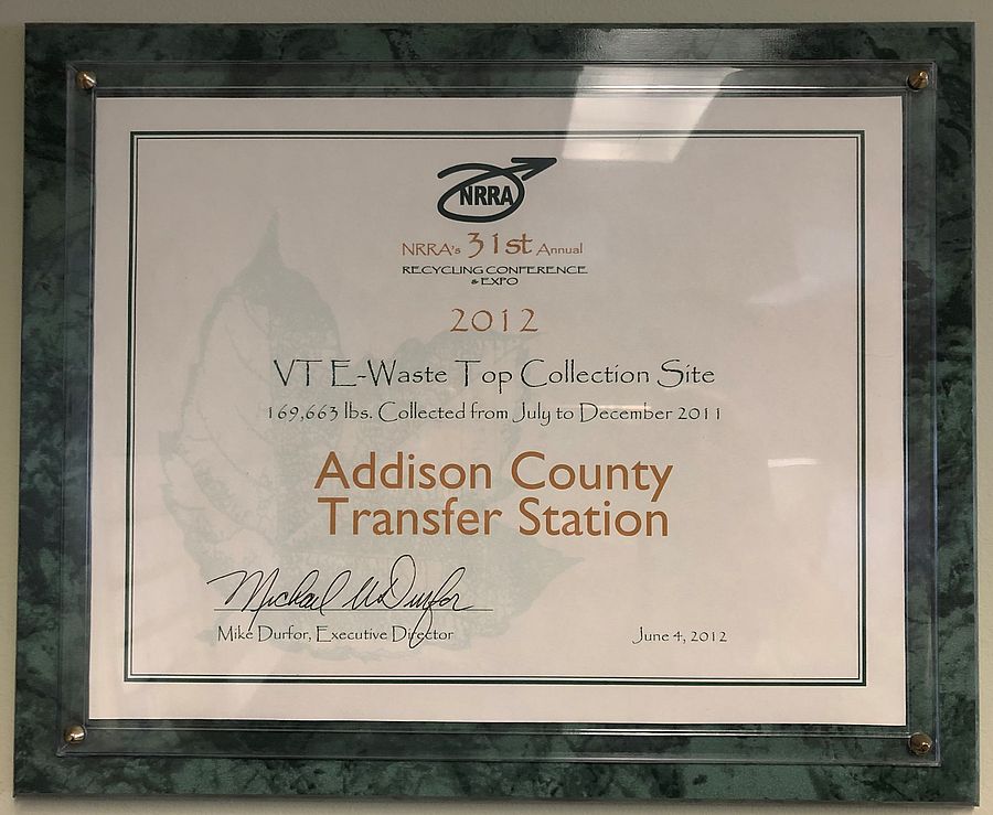 2012 NRRA Top E Waste Collection Site in Vermont Plaque featuring ACSWMD as 2012 NRRA Top E Waste Collection Site in Vermont