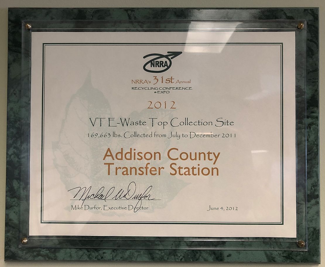 2012 NRRA Top E Waste Collection Site in Vermont Plaque featuring ACSWMD as 2012 NRRA Top E Waste Collection Site in Vermont