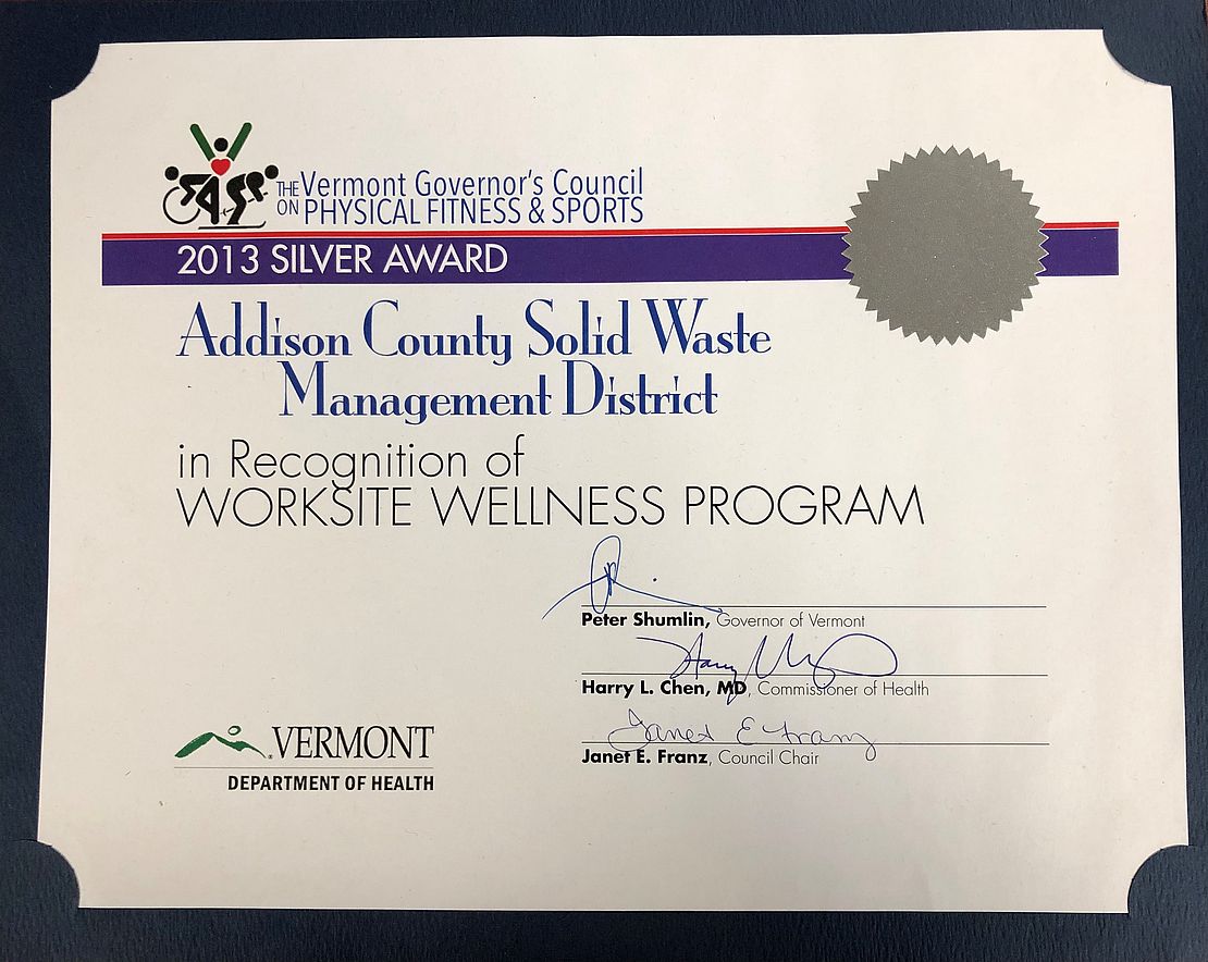 Certificate of ACSWMD as 2013 Silver Award Winner for Work site Wellness Program