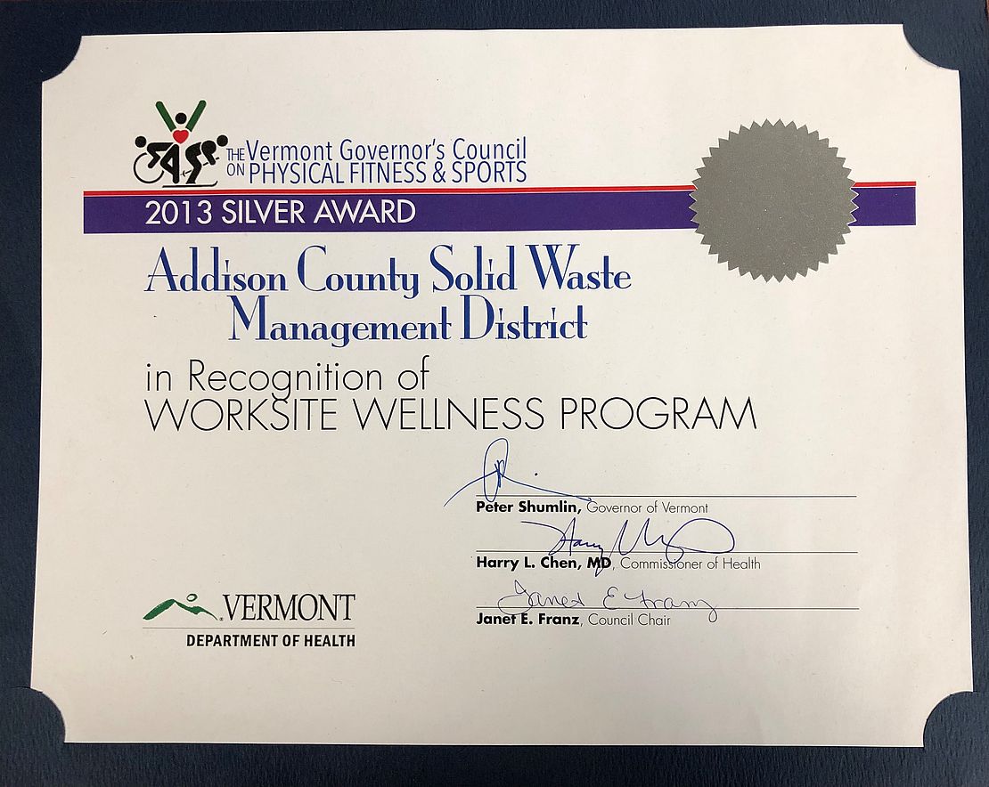 2013 Silver Award for Worksite Wellness Program Certificate of ACSWMD as 2013 Silver Award Winner for Work site Wellness Program