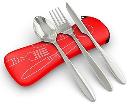 Travel cutlery set including fork, spoon, knife, and travel case