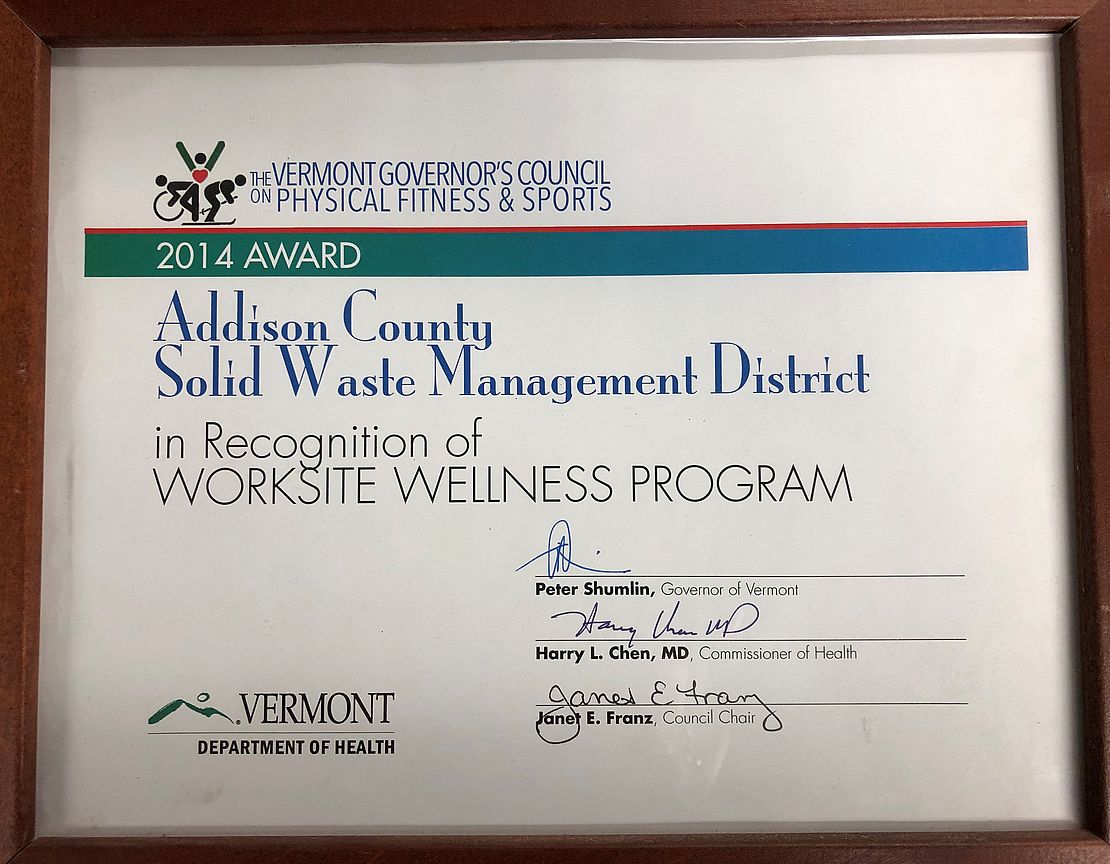 Certificate of ACSWMD as 2014 winner in recognition of Work site Wellness Program
