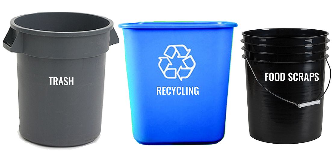 trash, recycling, food scraps