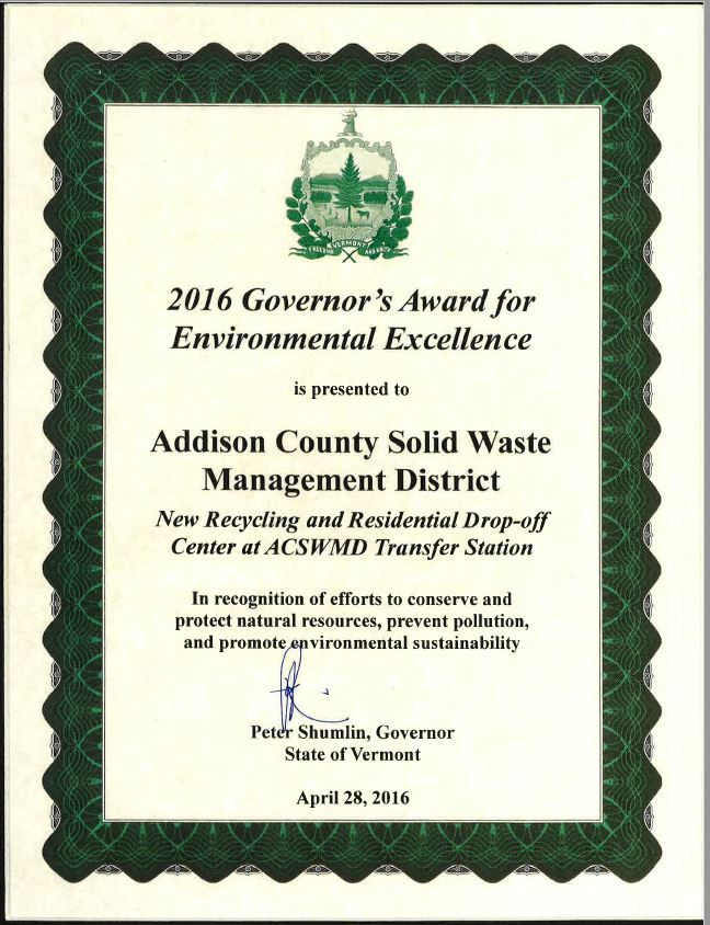 Governor's Award to ACSWMD for Environmental Excellence, 2016